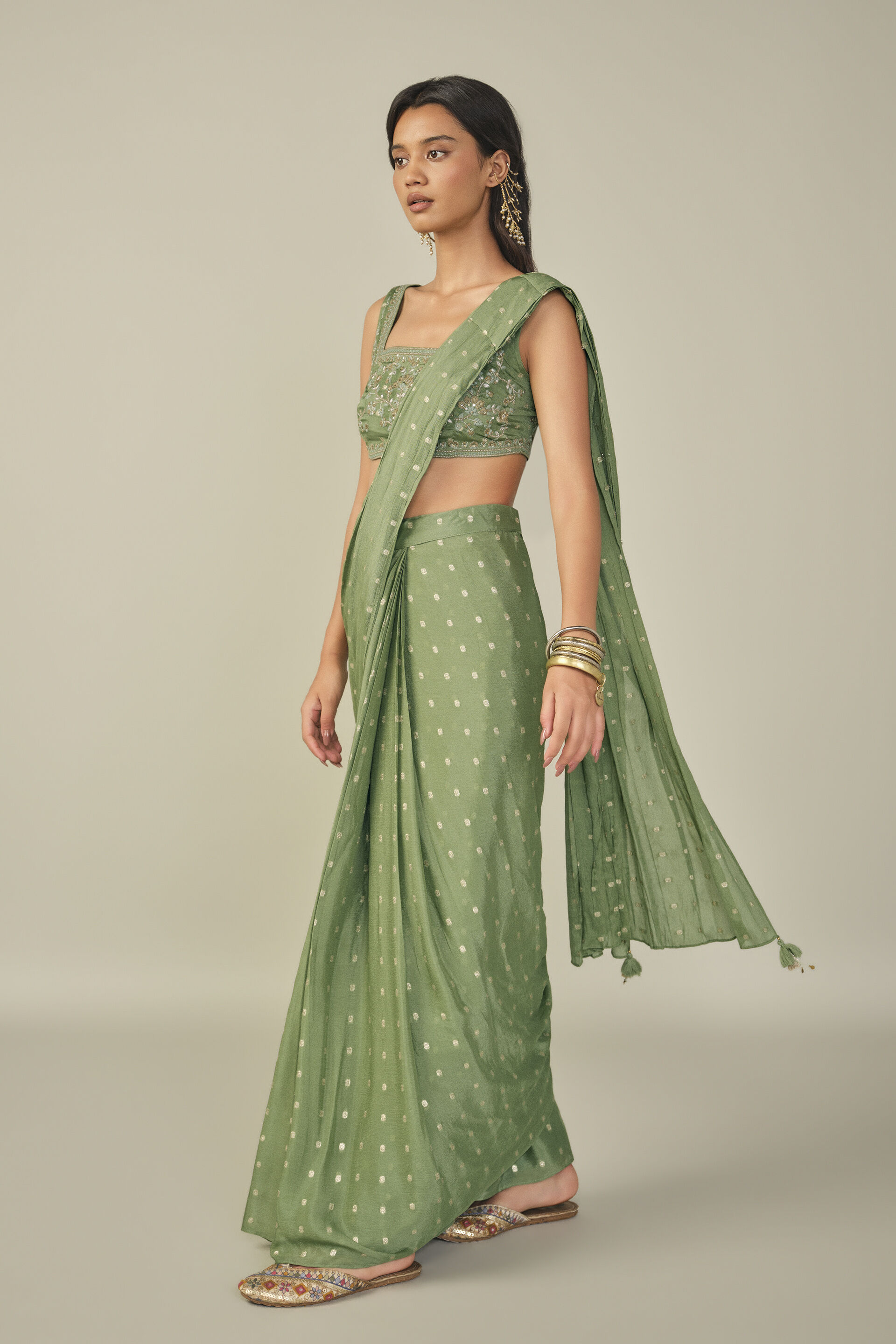 Embroidered Pre-stitched Saree in Sage, Sage Green, image 5